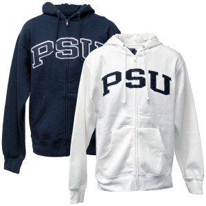 navy and white full zip hooded sweatshirts PSU appliqué